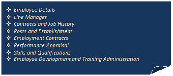 Folded Corner: v	Employee Details  v	Line Manager  v	Contracts and Job History  v	Posts and Establishment  v	Employment Contracts  v	Performance Appraisal  v	Skills and Qualifications  v	Employee Development and Training Administration  